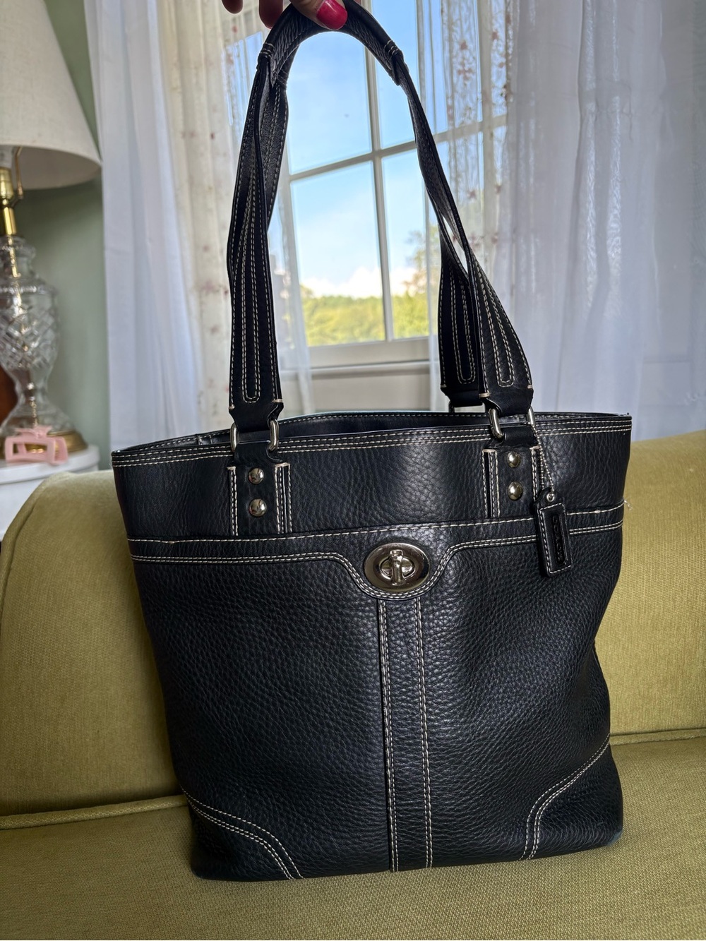 Coach Black Pebbled Leather Shoulder Bag with White Stitching